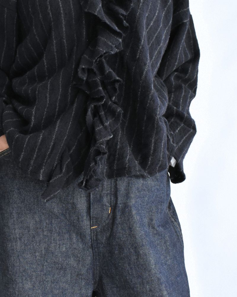 Wool Stripe Frill Trim Blouse in Navy