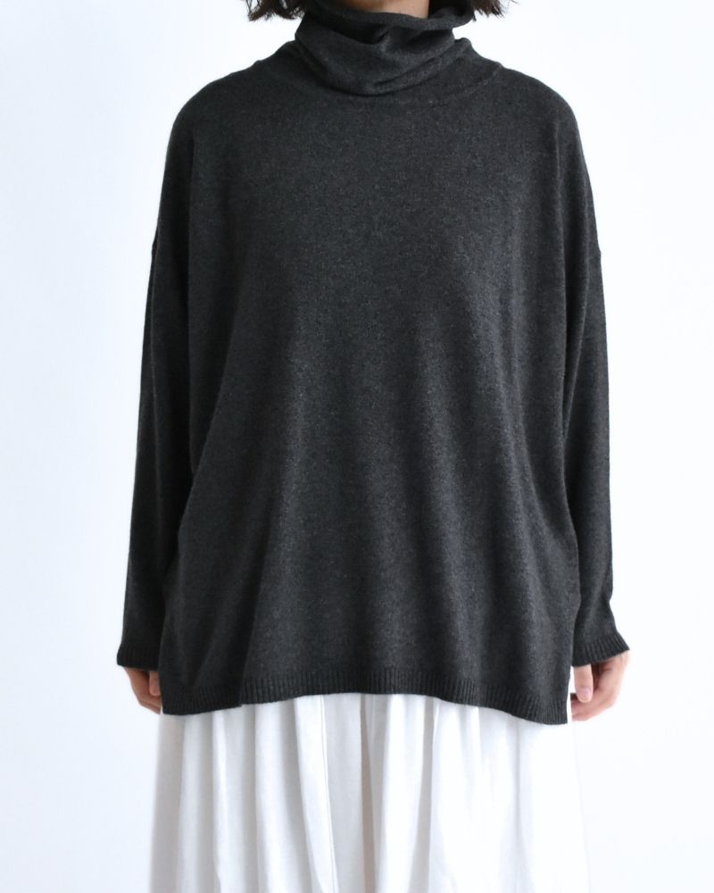 12GG Plain Stitch Drop Shoulder Polo Neck with Slit in Charcoal