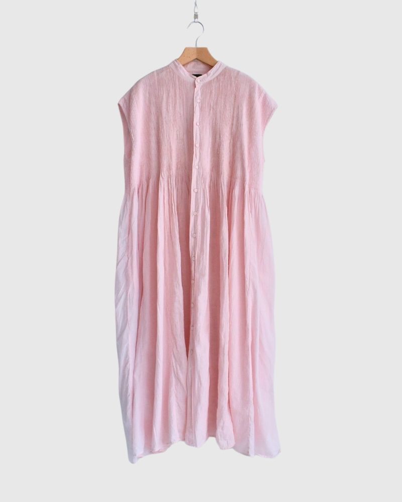 COTTON &LINEN PATCHWORK (OVERDYE) BANDED F/SL SHIRT DRESS WITH MINI PINTUCK in LightPink