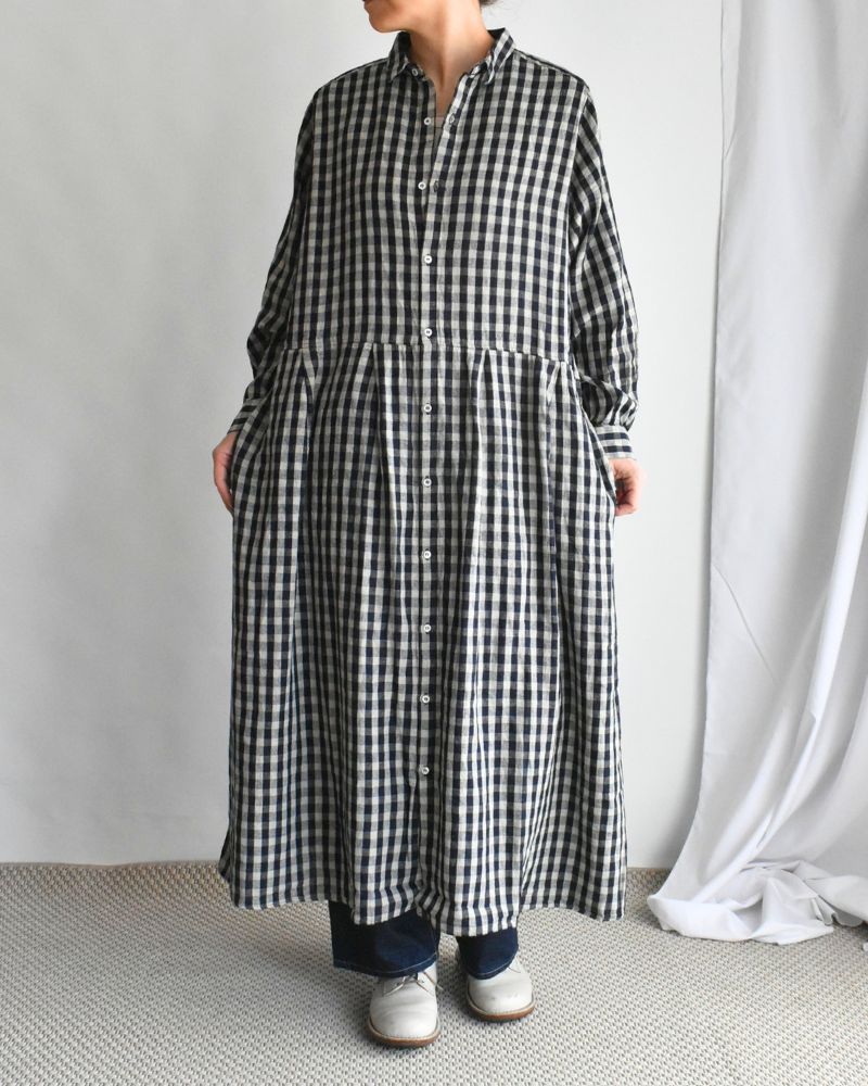 Linen Cotton Gingham Dress in Indigo/Natural