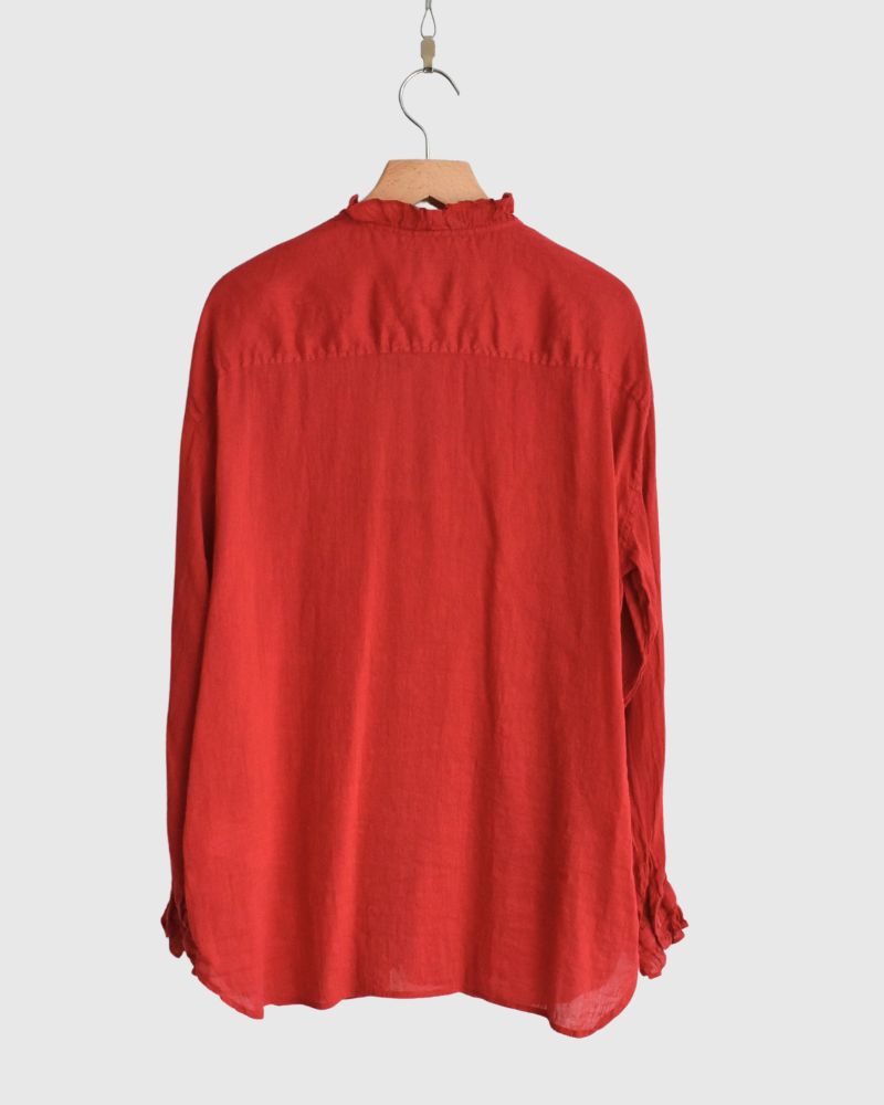 AUTO LOOM COTTON/LINEN PLAIN OVERDYE FRILL COLLAR SHIRT in Red