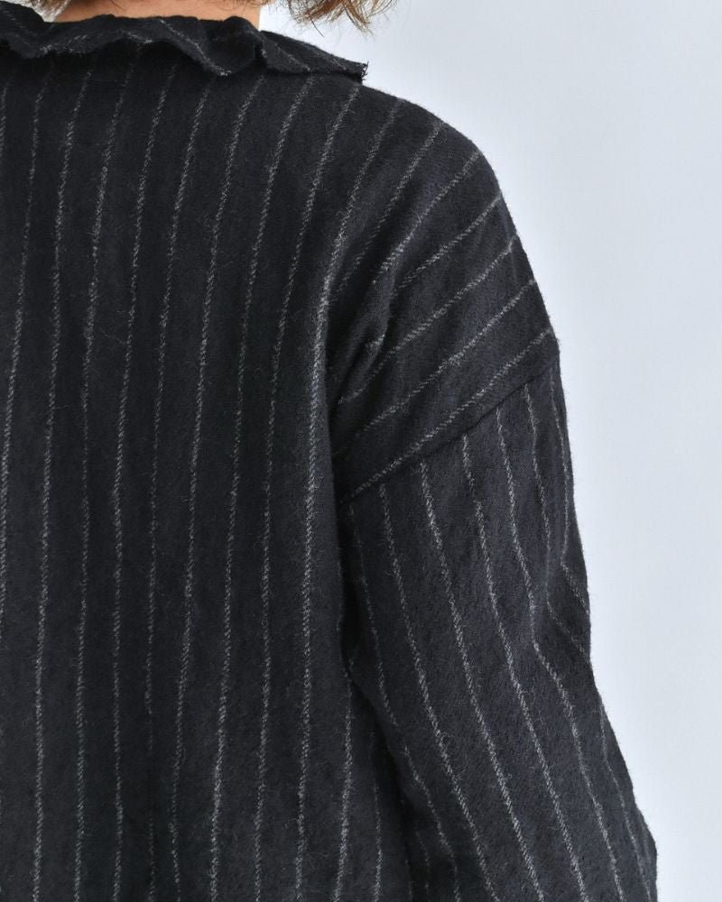 Wool Stripe Frill Trim Blouse in Navy