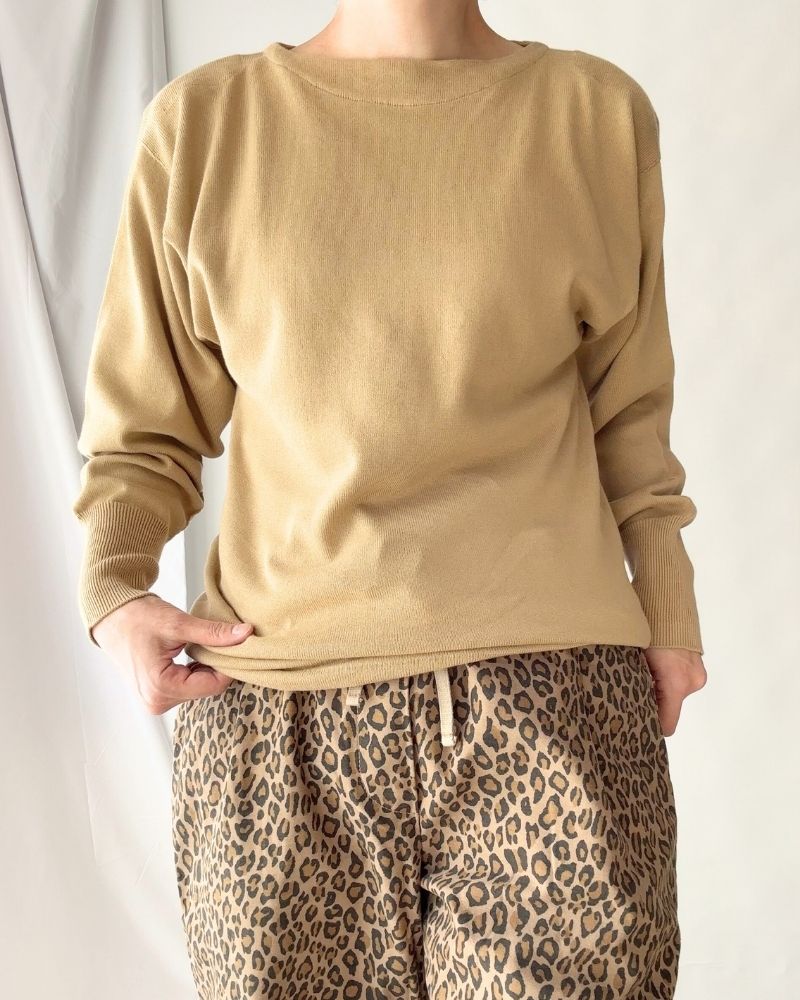 TRICOLOR BOAT NECK COTTON KNIT PULLOVER in Beige