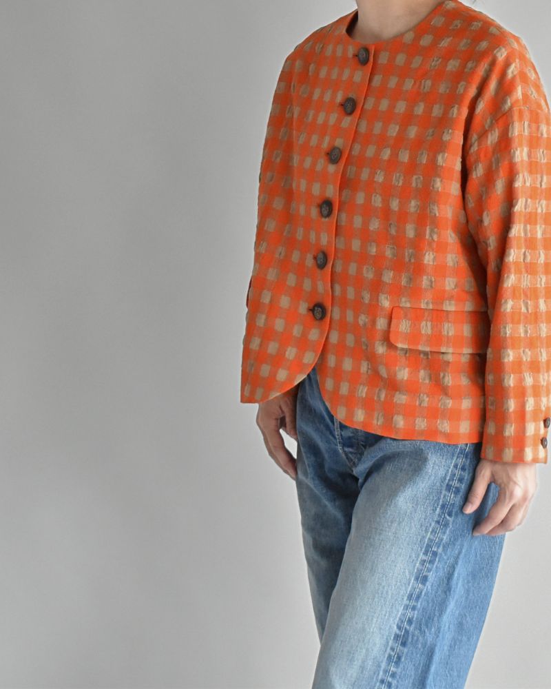 Cotton Wool Gingham Check Jacket in Beige/Orange