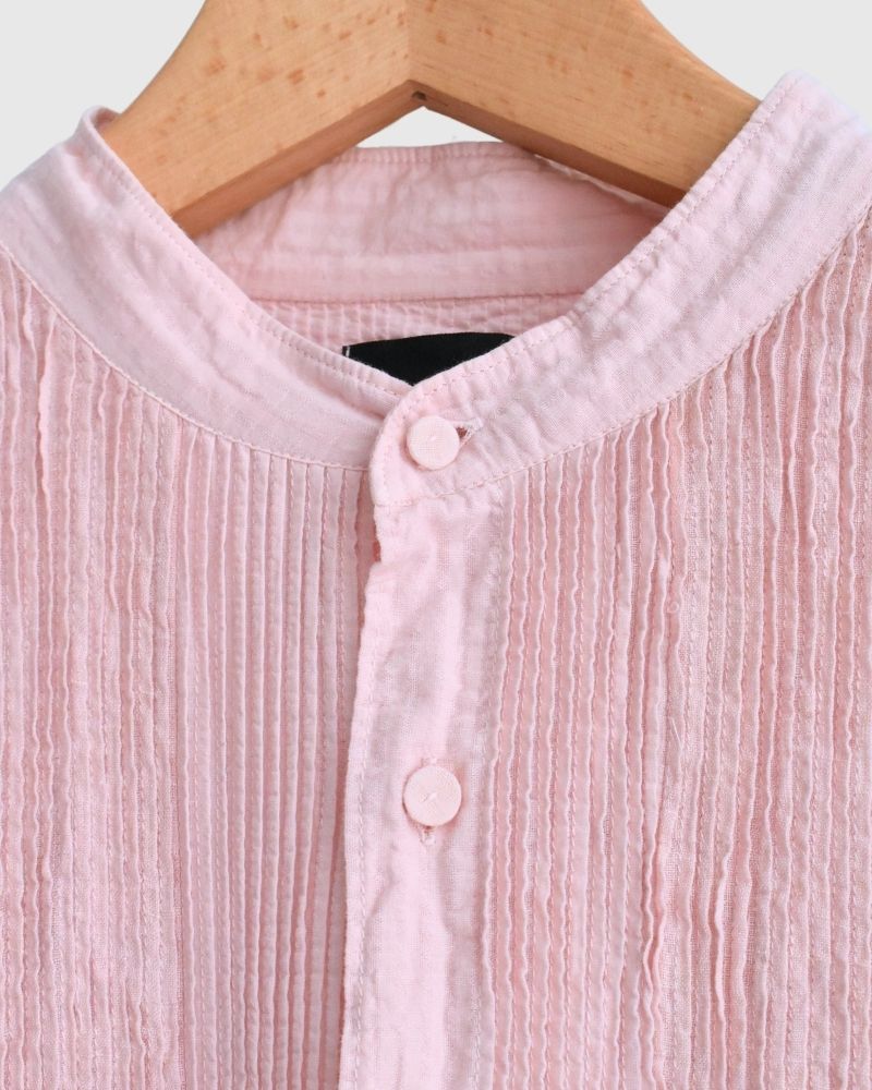 COTTON &LINEN PATCHWORK (OVERDYE) BANDED F/SL SHIRT DRESS WITH MINI PINTUCK in LightPink