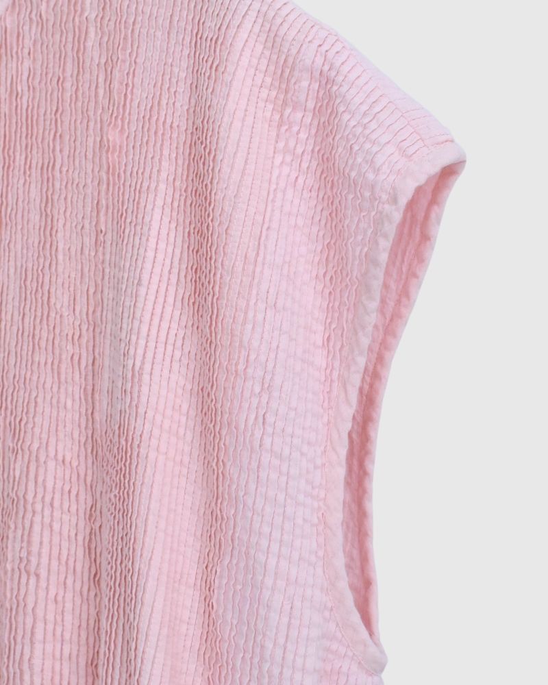 COTTON &LINEN PATCHWORK (OVERDYE) BANDED F/SL SHIRT DRESS WITH MINI PINTUCK in LightPink