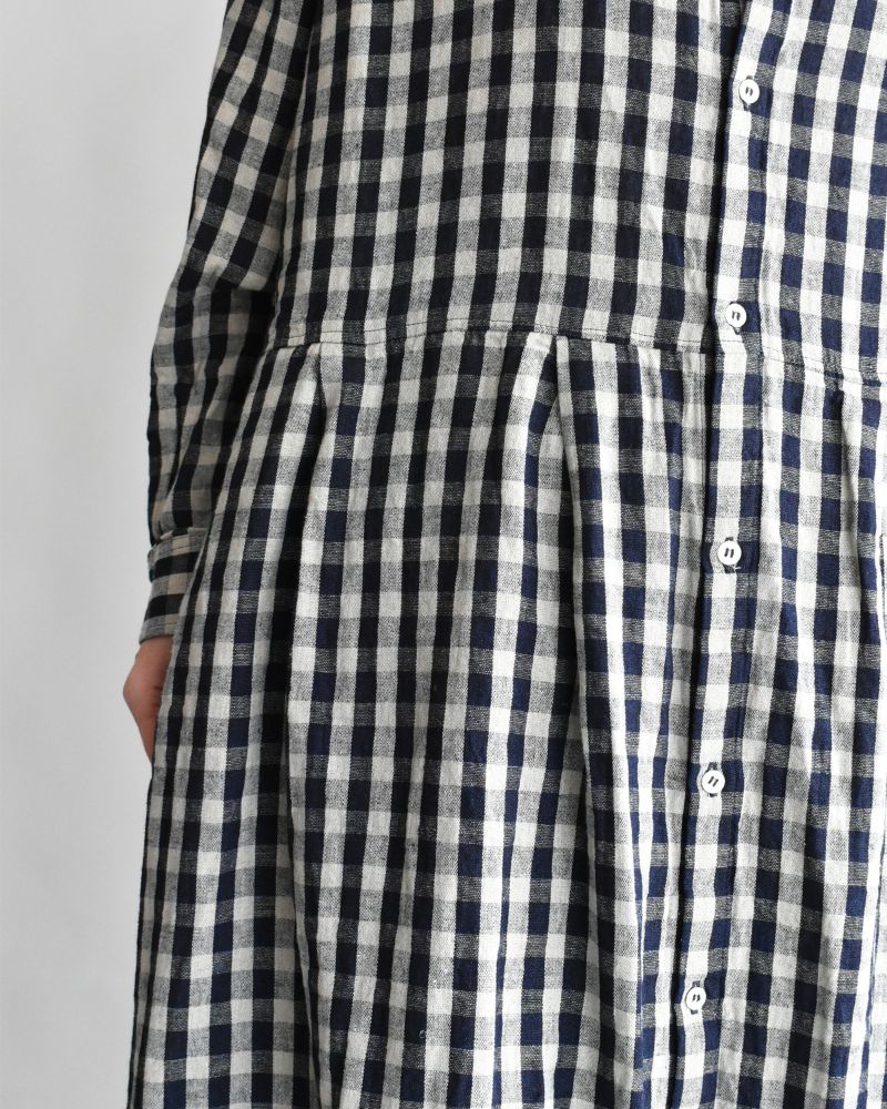 Linen Cotton Gingham Dress in Indigo/Natural