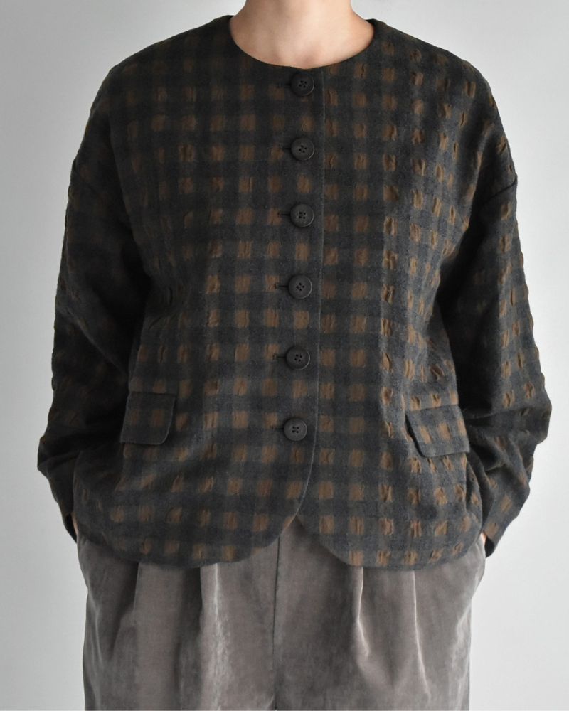 Cotton Wool Gingham Check Jacket in Khaki/Charcoal