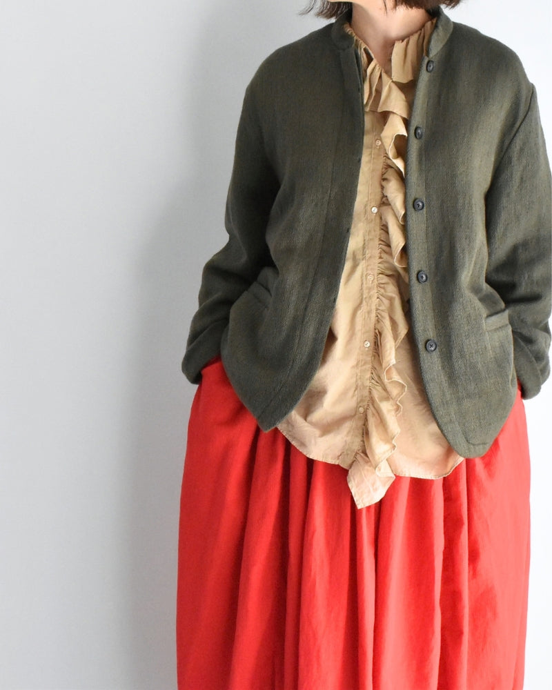 Stand Collar Fly Front Jacket in Olive