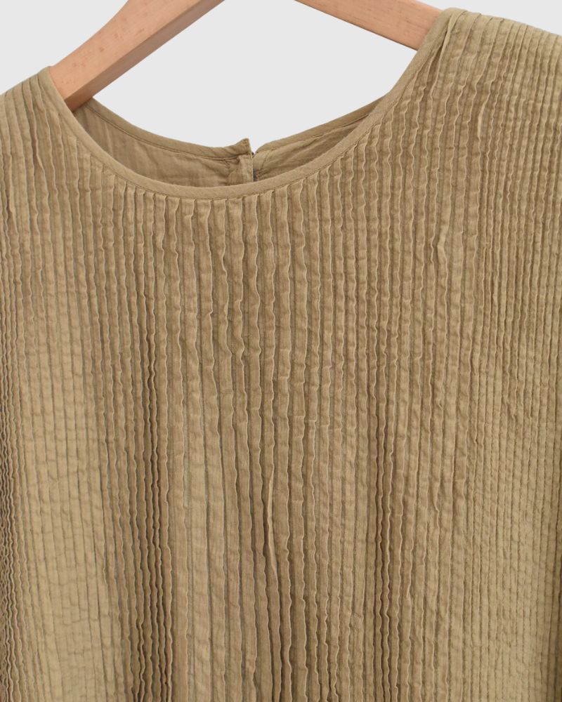 Crew-Neck F/SL Dress with Pintuck in GreyKhaki