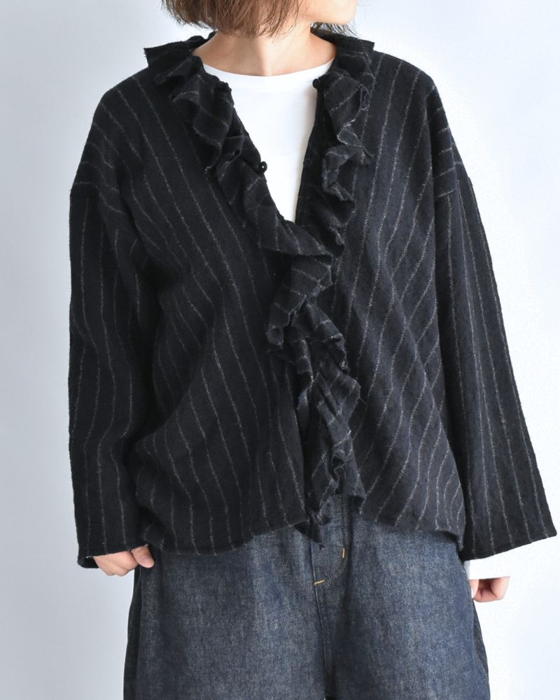 Wool Stripe Frill Trim Blouse in Navy