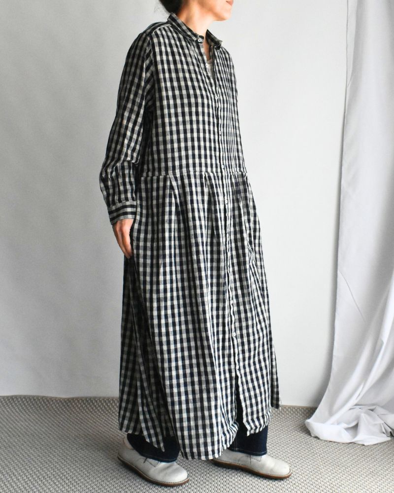 Linen Cotton Gingham Dress in Indigo/Natural