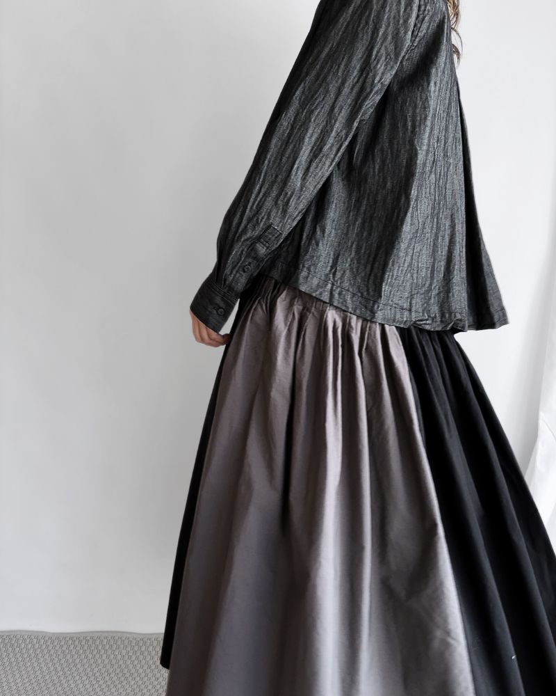 40s ORGANIC POPLIN(PATCHWORK) PINTUCK FLARED SKIRT WITH CRAZY PATCH WORK in Black/Charcoal