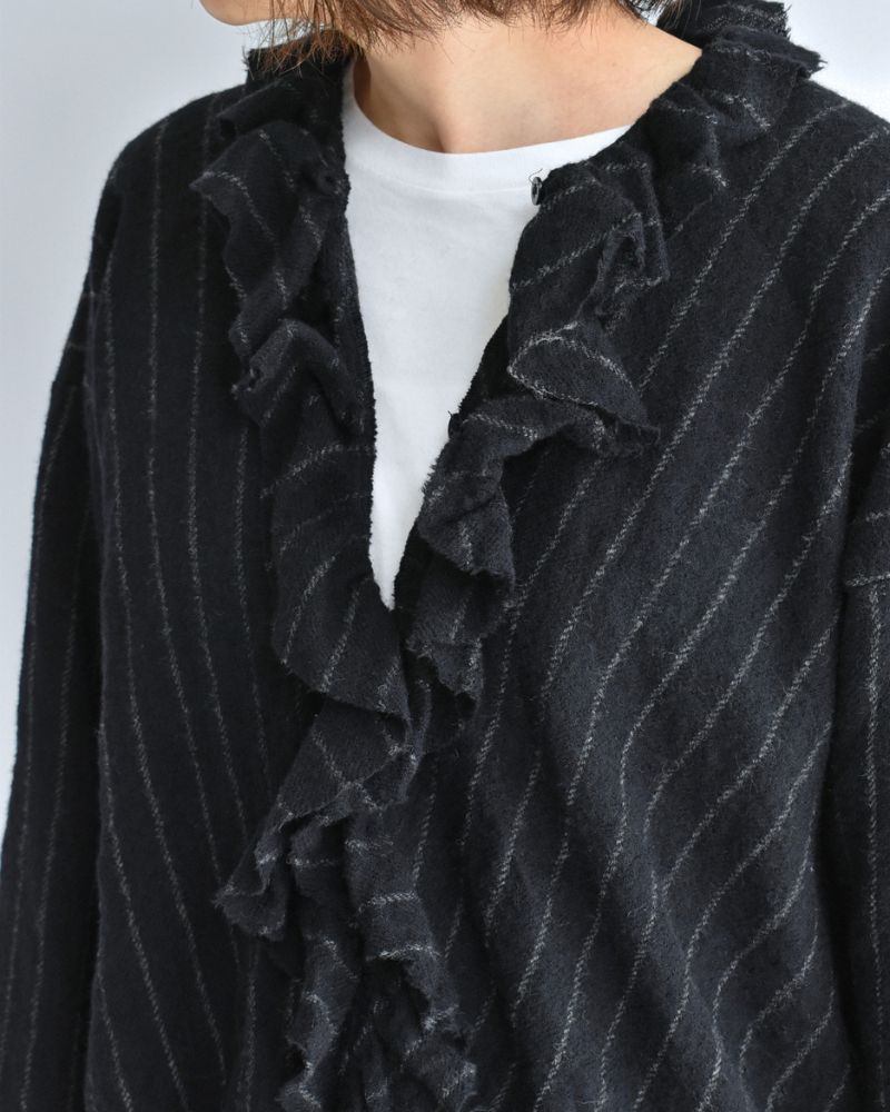 Wool Stripe Frill Trim Blouse in Navy