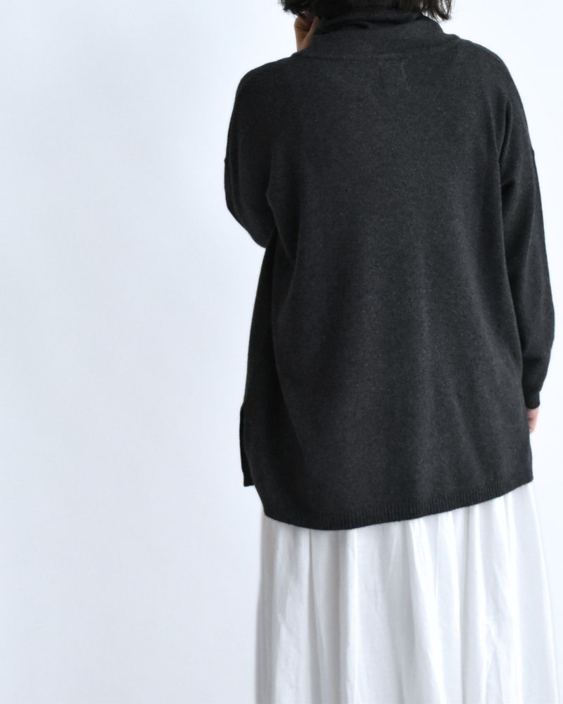 12GG Plain Stitch Drop Shoulder Polo Neck with Slit in Charcoal