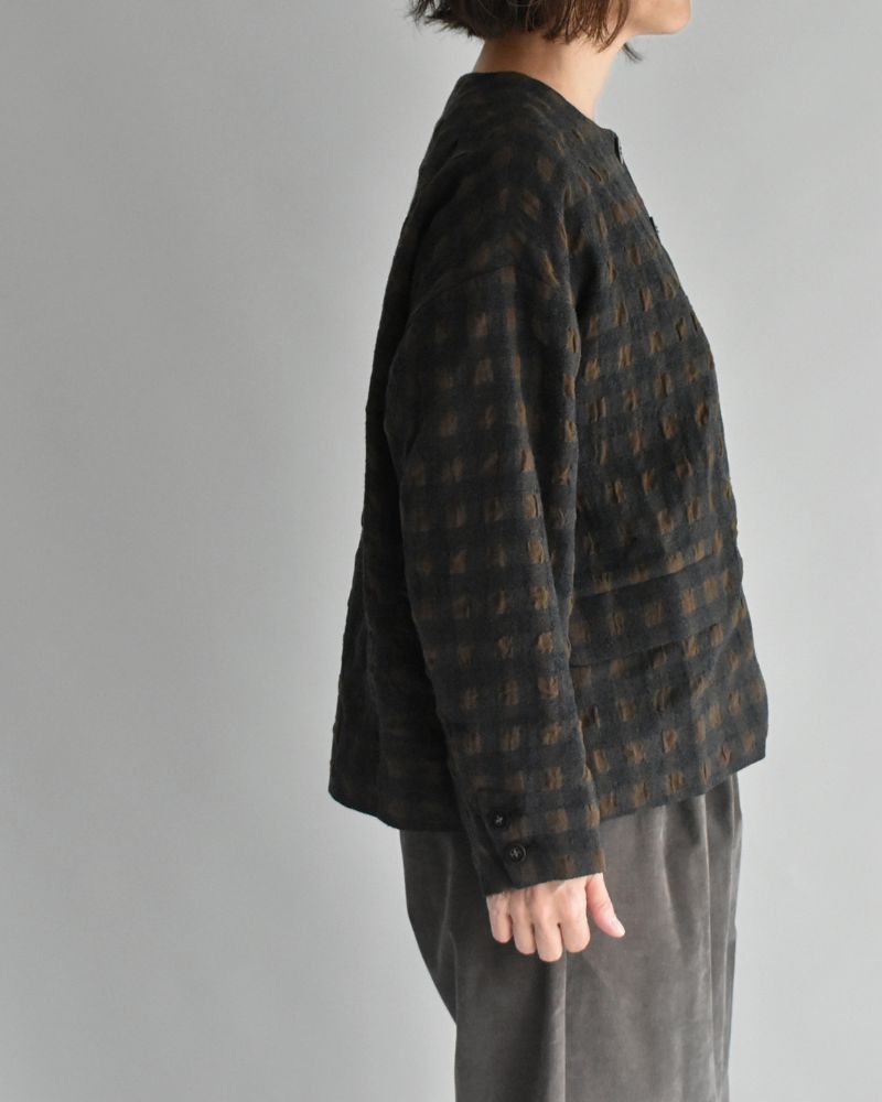 Cotton Wool Gingham Check Jacket in Khaki/Charcoal