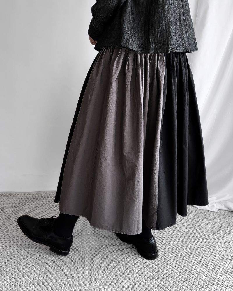 40s ORGANIC POPLIN(PATCHWORK) PINTUCK FLARED SKIRT WITH CRAZY PATCH WORK in Black/Charcoal