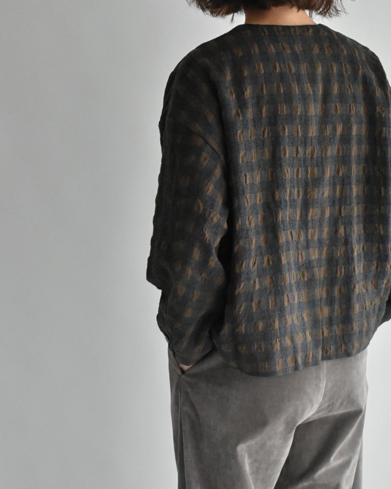Cotton Wool Gingham Check Jacket in Khaki/Charcoal