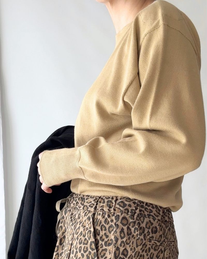 TRICOLOR BOAT NECK COTTON KNIT PULLOVER in Beige