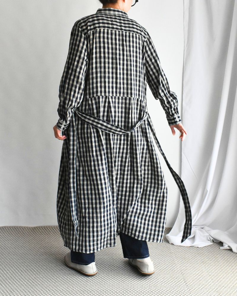 Linen Cotton Gingham Dress in Indigo/Natural