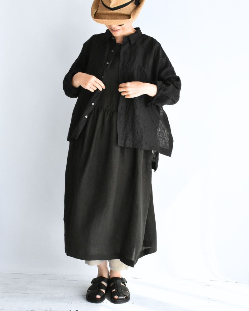 Sleeveless Gathered Dress (LINEN) in Black