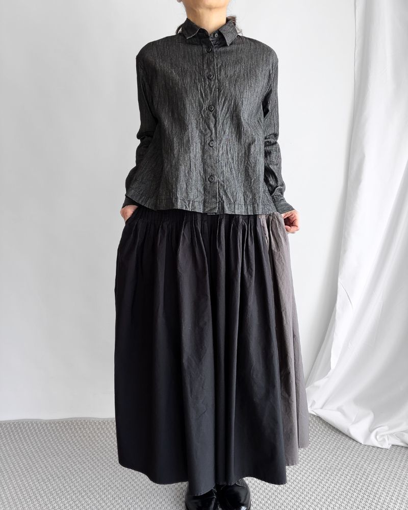 40s ORGANIC POPLIN(PATCHWORK) PINTUCK FLARED SKIRT WITH CRAZY PATCH WORK in Black/Charcoal