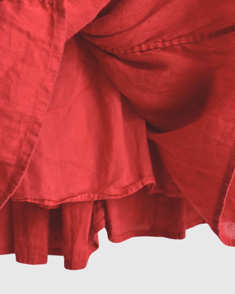 AUTO LOOM COTTON/LINEN PLAIN OVERDYE GATHERED SKIRT in Red