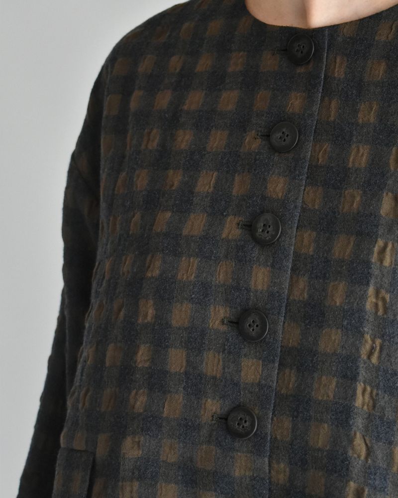 Cotton Wool Gingham Check Jacket in Khaki/Charcoal