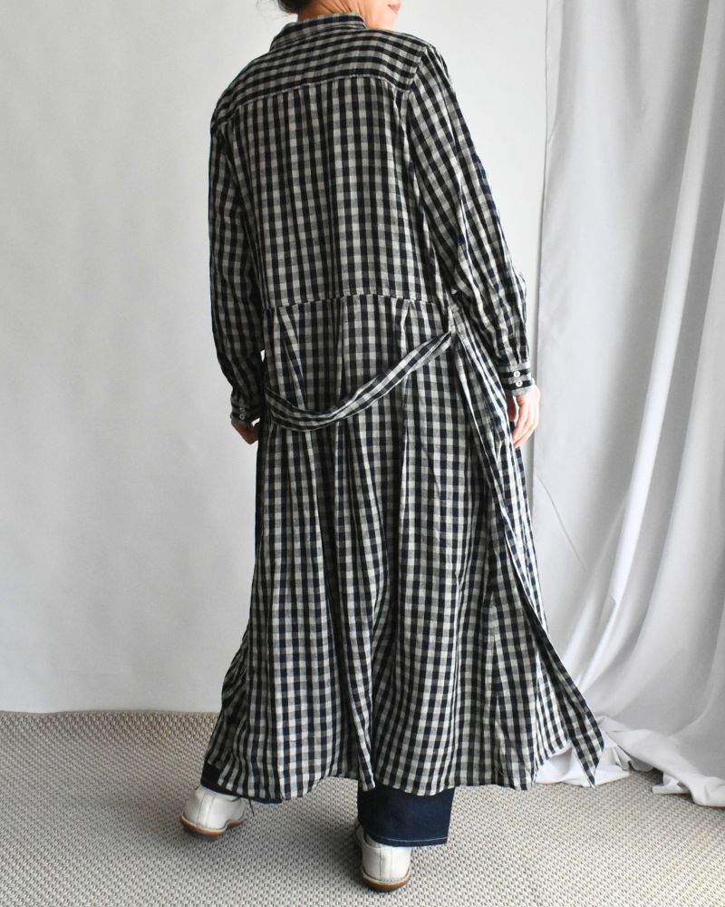 Linen Cotton Gingham Dress in Indigo/Natural