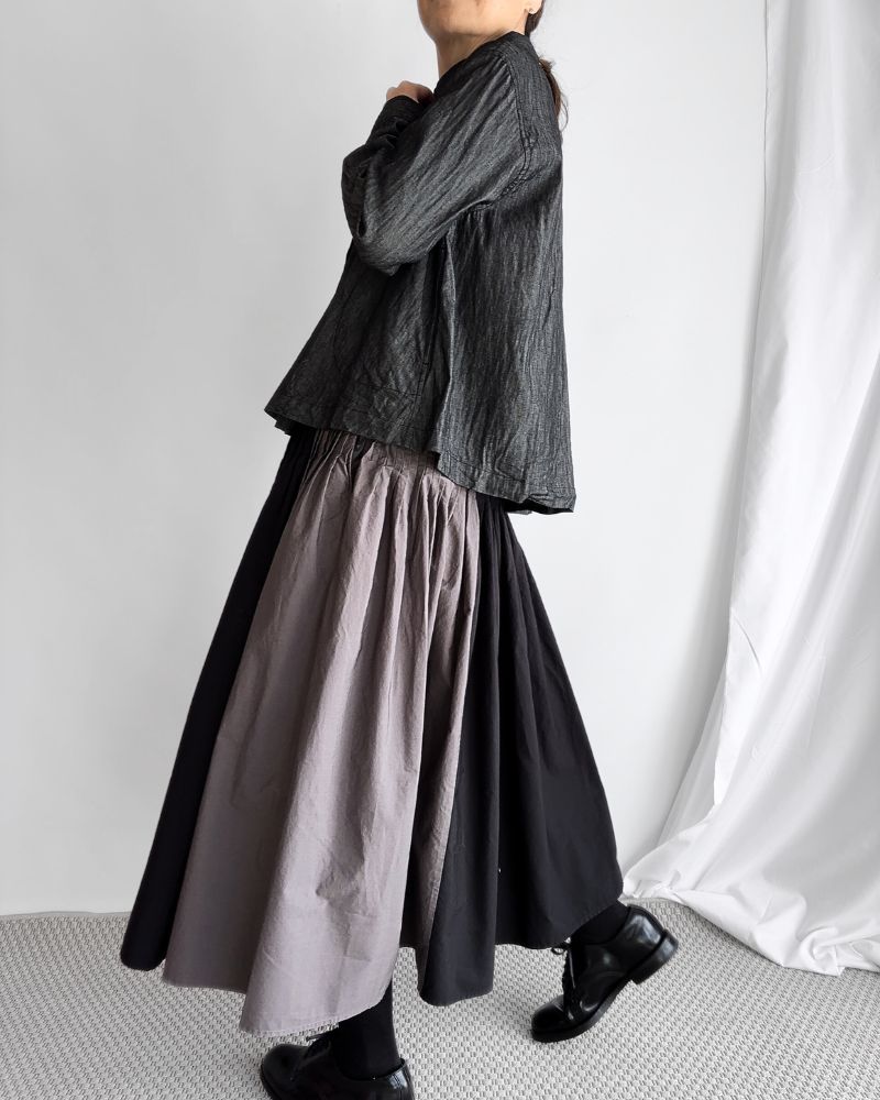 40s ORGANIC POPLIN(PATCHWORK) PINTUCK FLARED SKIRT WITH CRAZY PATCH WORK in Black/Charcoal