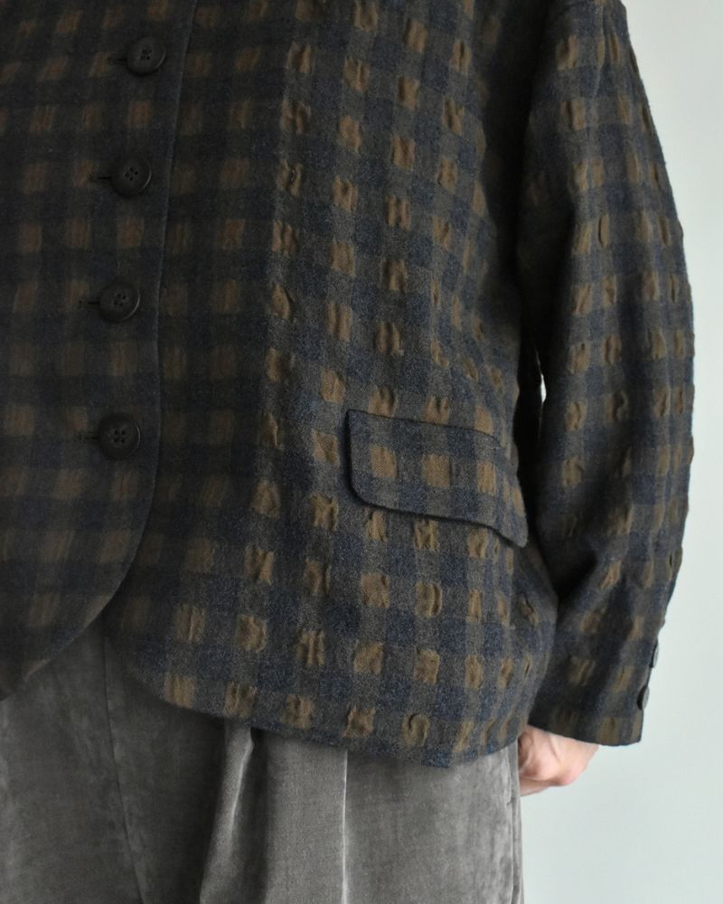 Cotton Wool Gingham Check Jacket in Khaki/Charcoal