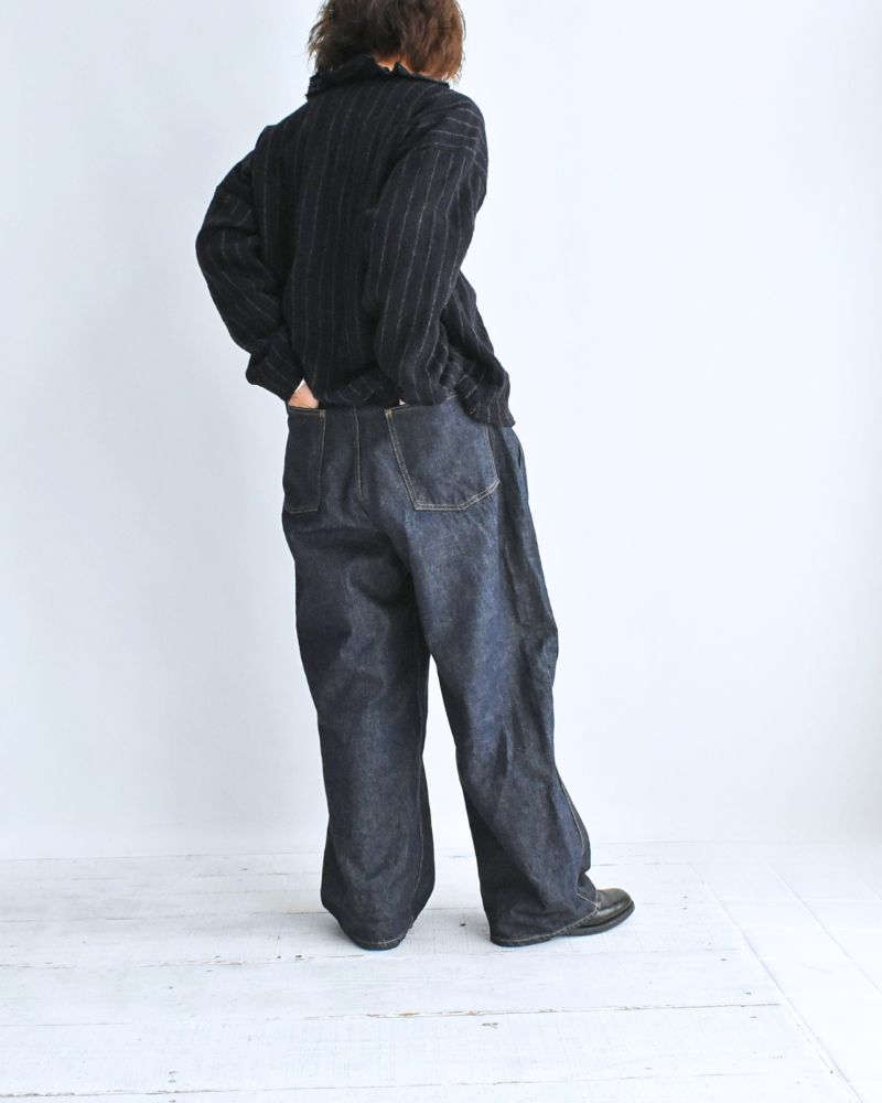 Wool Stripe Frill Trim Blouse in Navy