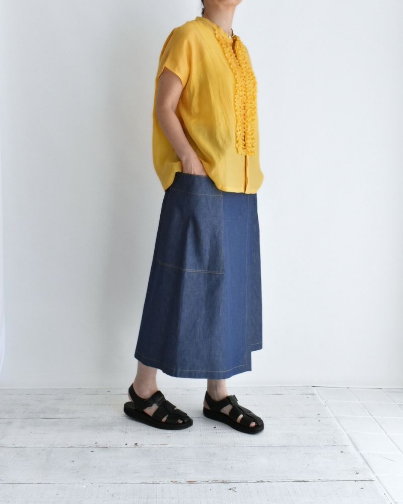 RAY-SILK French Sleeve Frill Blouse in Yellow