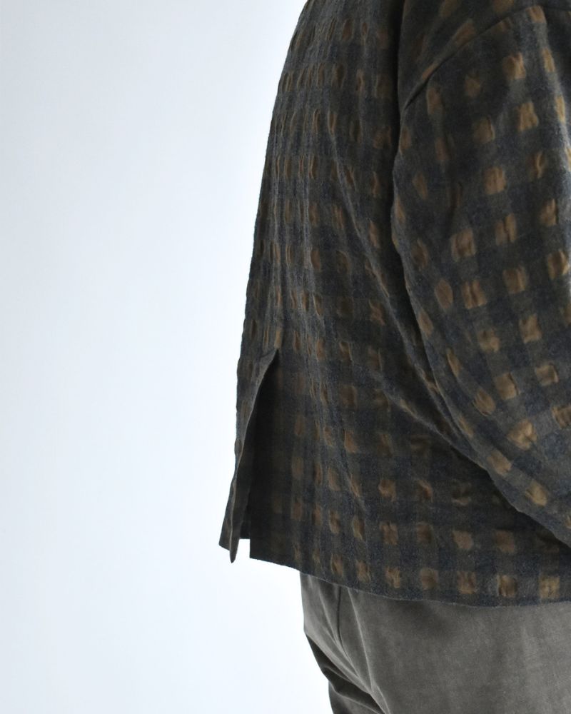 Cotton Wool Gingham Check Jacket in Khaki/Charcoal