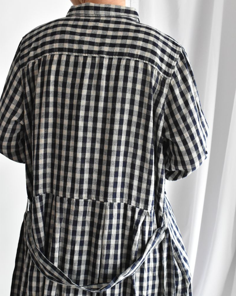 Linen Cotton Gingham Dress in Indigo/Natural