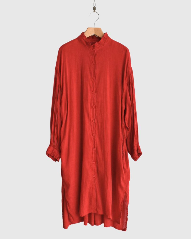 AUTO LOOM COTTON/LINEN PLAIN FRILL COLLAR MAXI SHIRT DRESS WITH MINI PINTUCK in Red