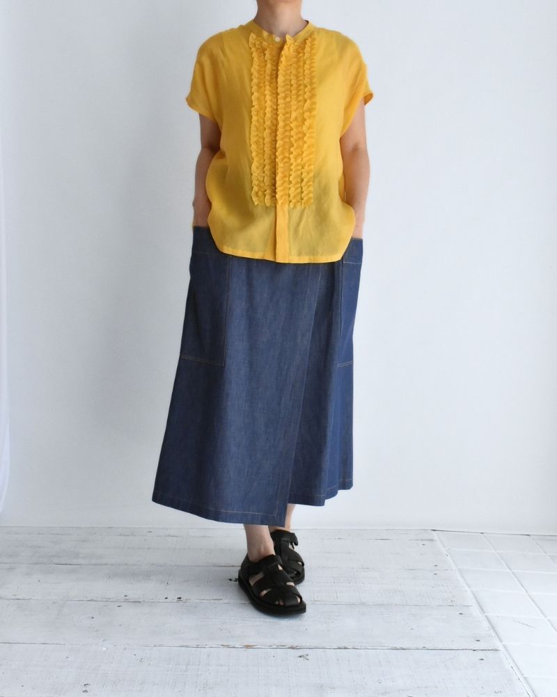 RAY-SILK French Sleeve Frill Blouse in Yellow