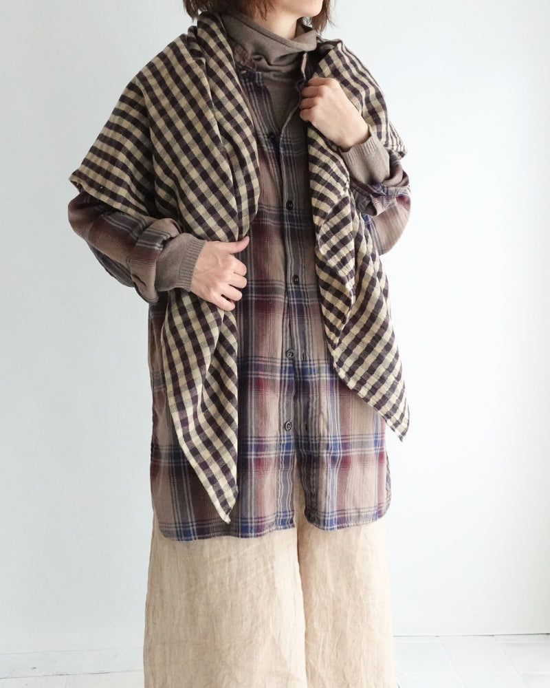 Wool Linen Gingham Check Stole in Camel/Brown VC-2913 | Veritecoeur - miel