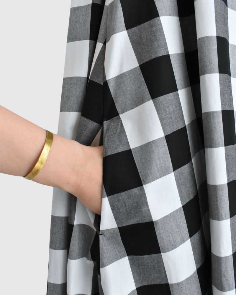 Block Check Sleeveless Flared Dress in White/Black
