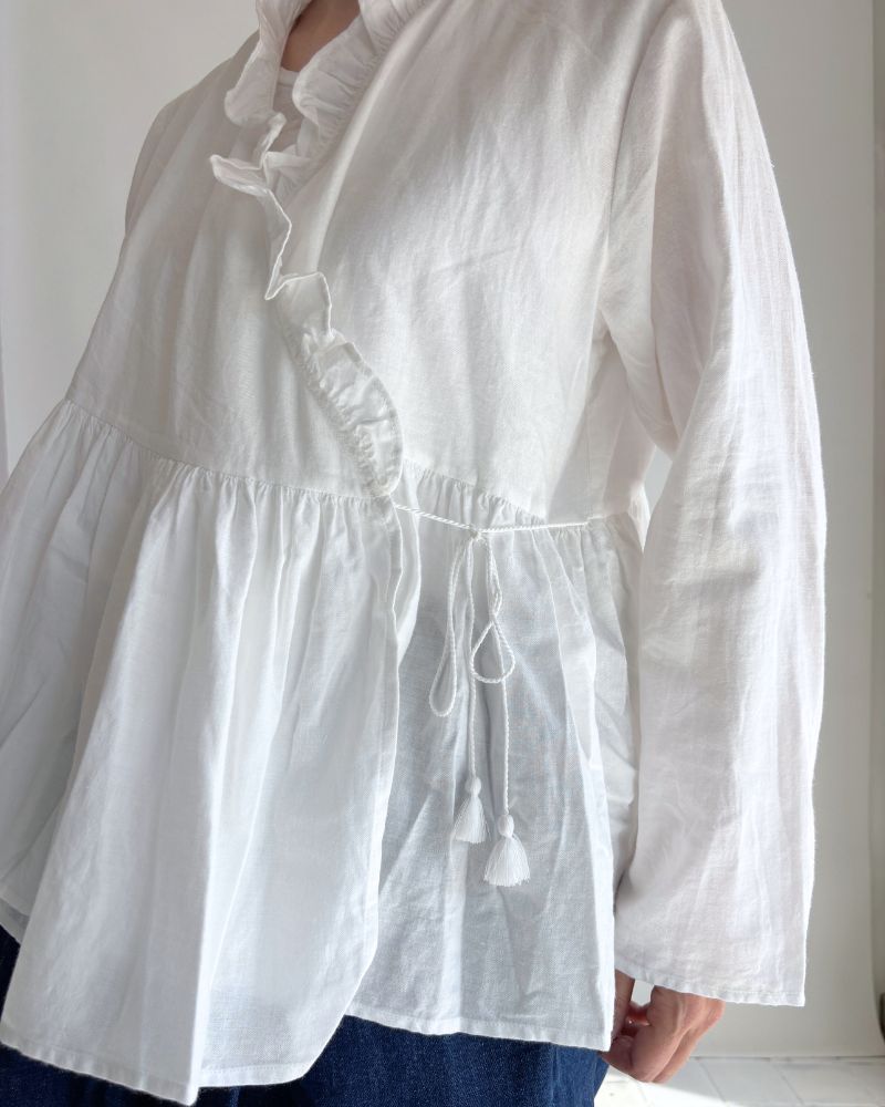 TWILL COTTON KHADI PLAIN (WASH) FRILL CACHE COEUR in White