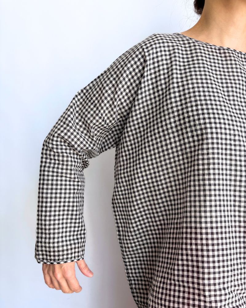 HANDWOVEN COTTON/SILK GINGHAM CHECK DROP SHOULDER SMOCK in Black