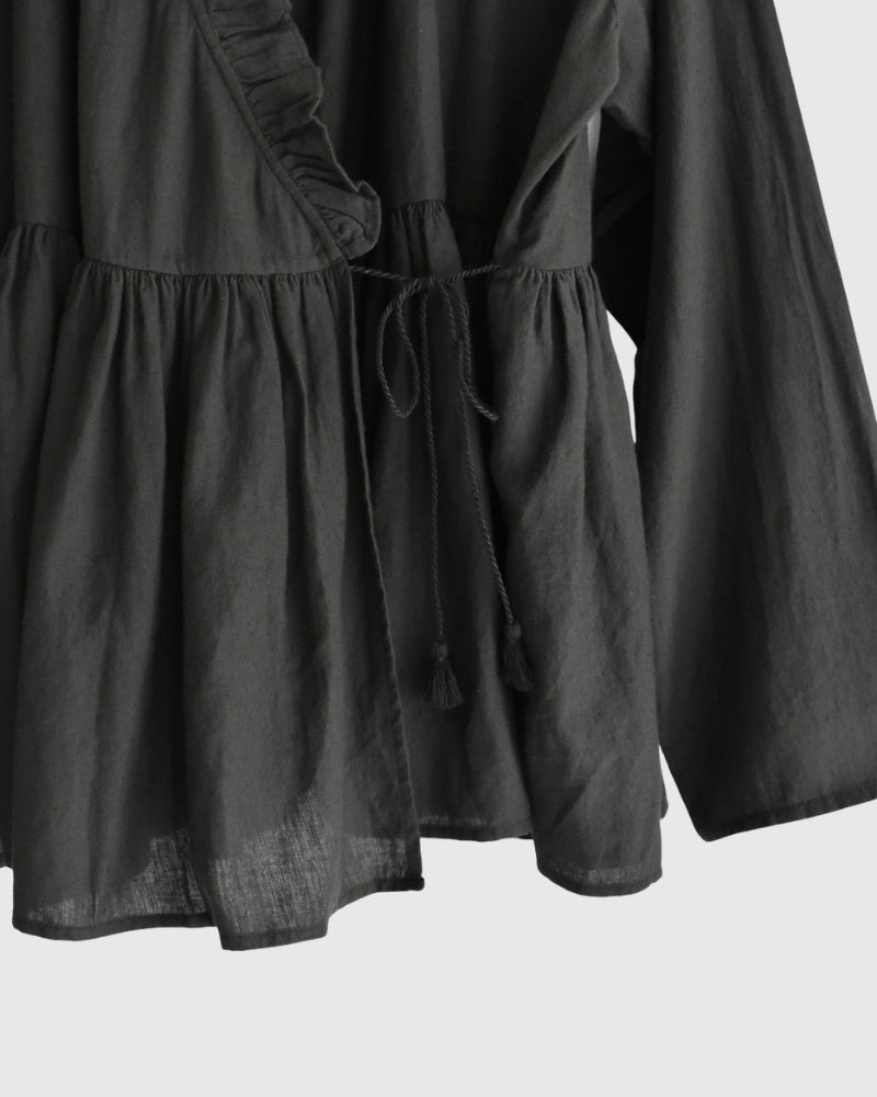 Twill Cotton Khadi Plain Frill Cache Coeur in Charcoal