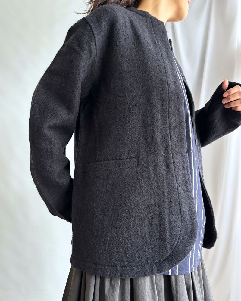 WOOL COTTON STAND COLLAR FLY FRONT JACKET in Navy