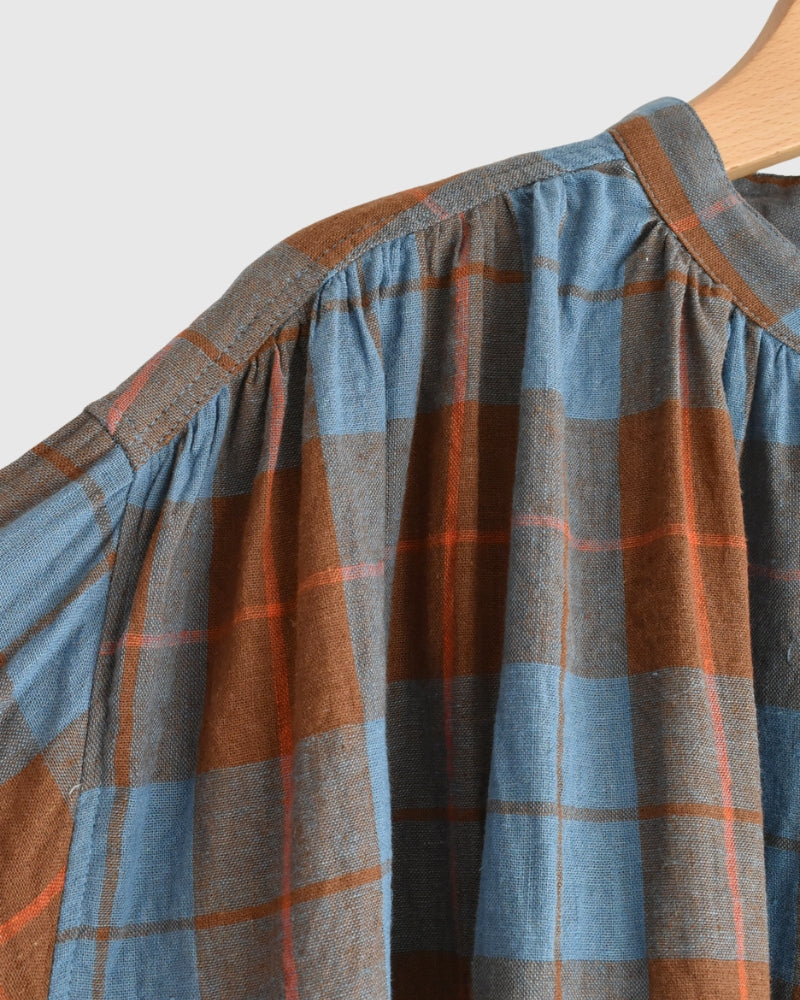 Linen Cotton Check Dress in Blue
