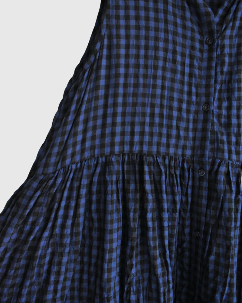 Block Check Sleeveless Gathered Dress in Navy