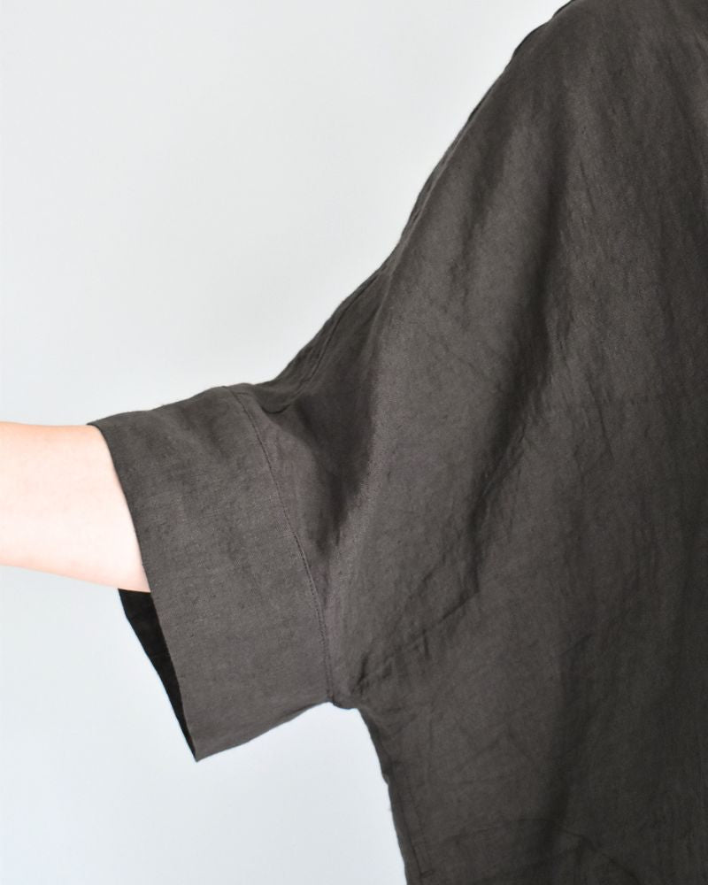 Boat Neck Wide Blouse (Linen) in Brown