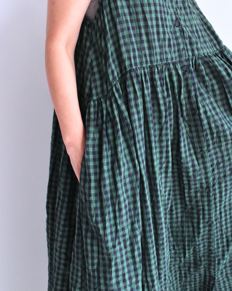 Block Check Sleeveless Gathered Dress in Green