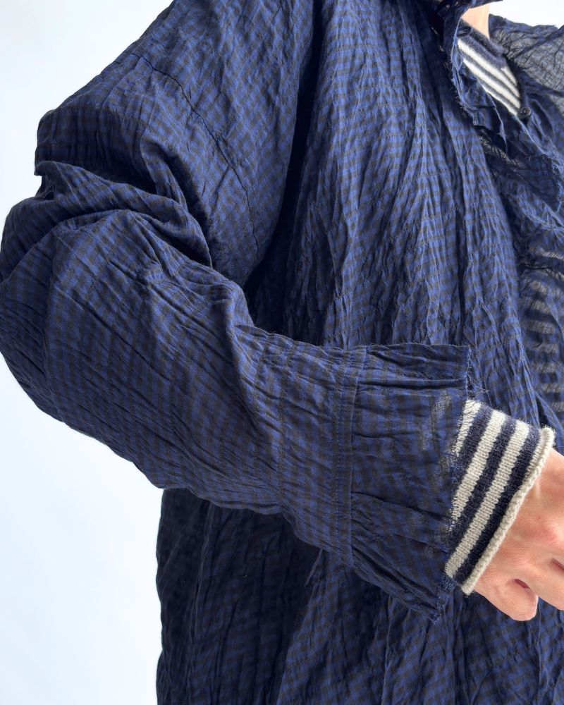 Check Frill Trim Blouse in NavyCheck