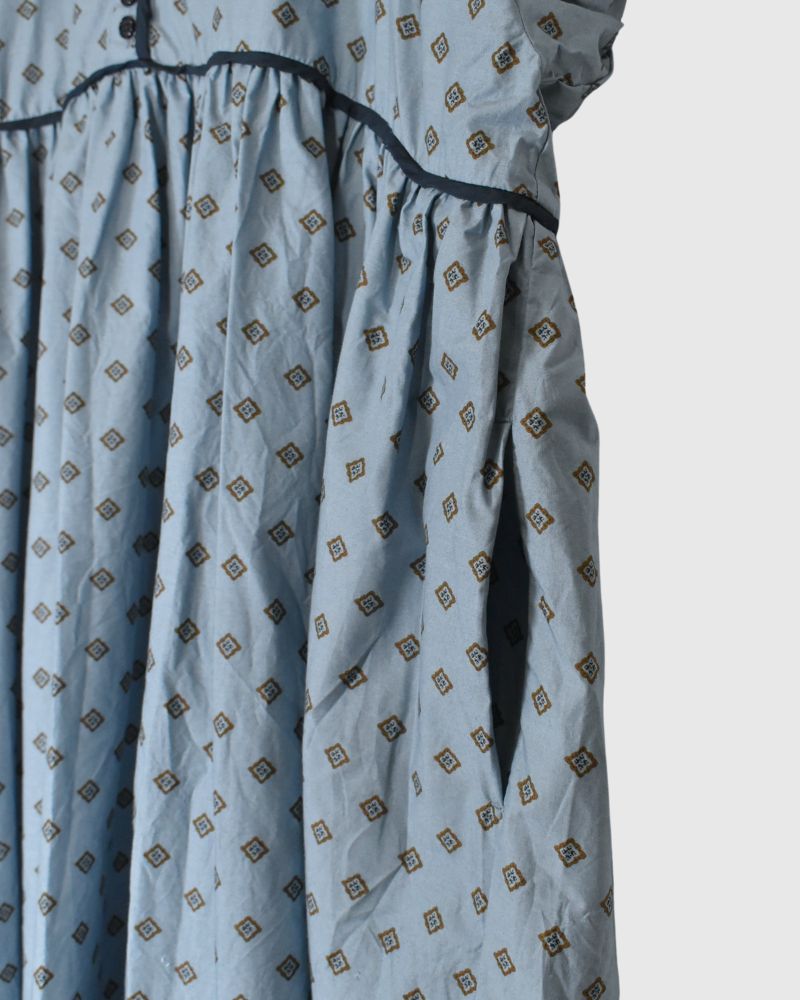 Print Trimmed Gathered Dress in Blue