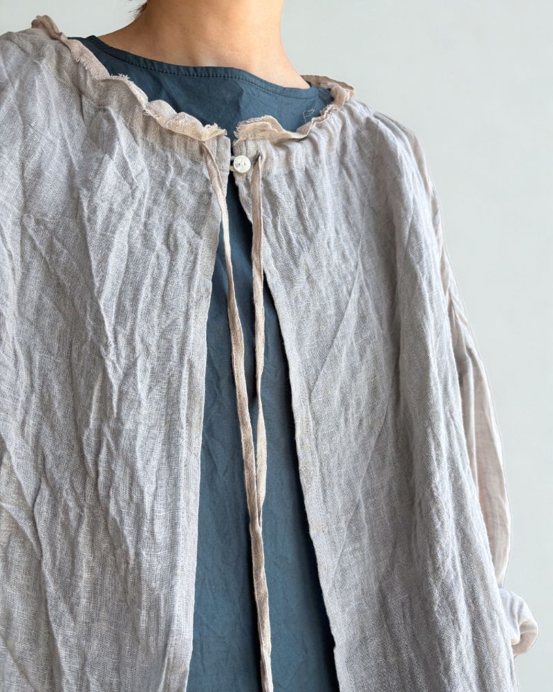 Linen ruffle neck cardigan in Gray